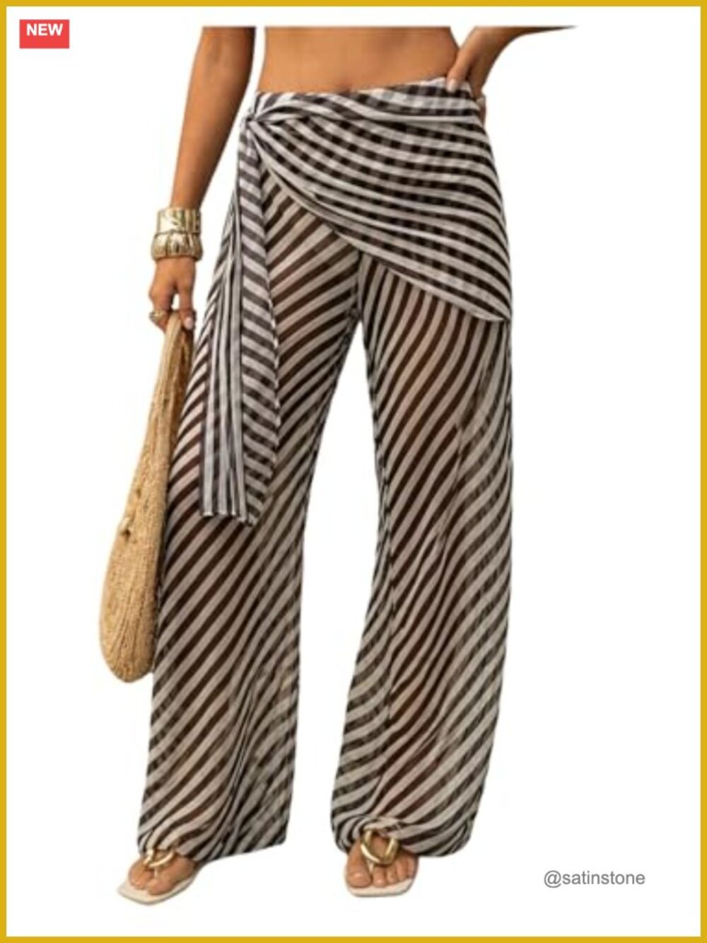 Women Low Rise Wide Leg Palazzo Pants Semi Sheer Striped Trouser